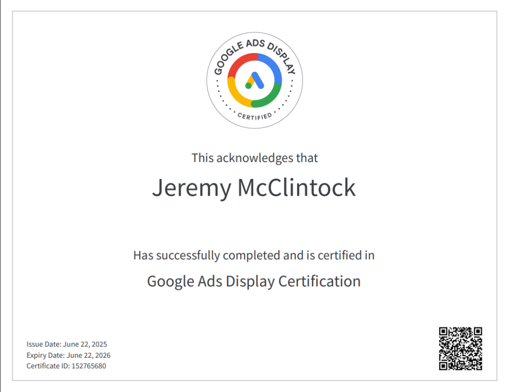 Jeremy McClintock Tow360 Platform Founder Google Ads Display Certification