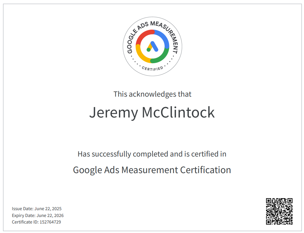 Jeremy McClintock Tow360 Platform Founder Google Ads Measurement Certification