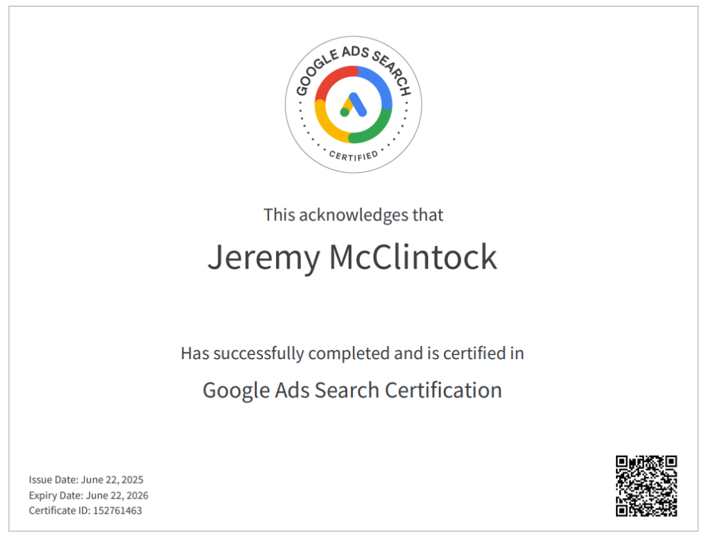 Jeremy McClintock Tow360 Platform Founder Google Ads Search Certification
