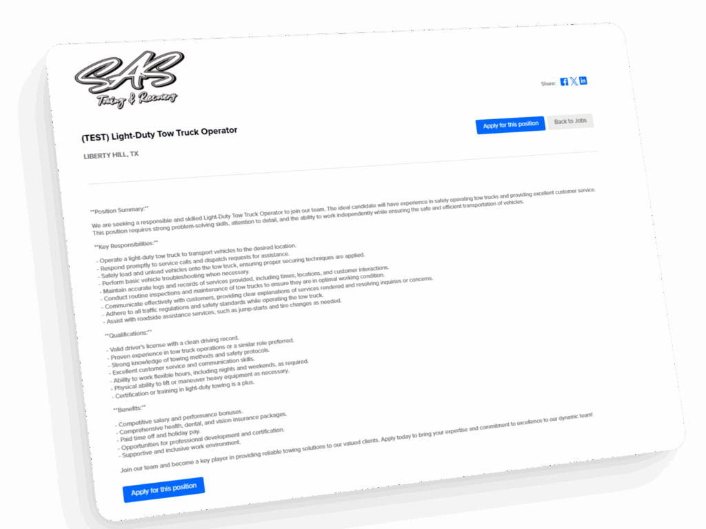 Towing Company Recruiting Jonestown TX dashboard showing light duty tow truck operator application received data and candidate details