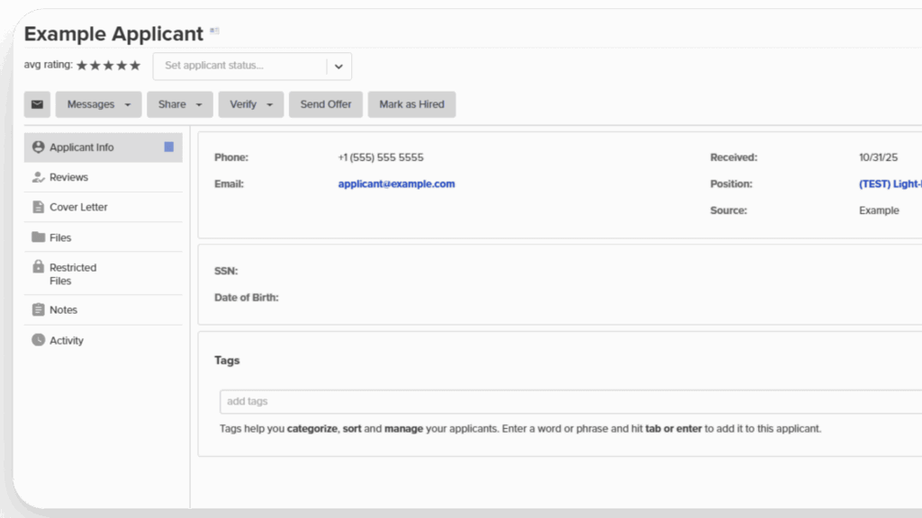 Towing Company Recruiting Jonestown TX dashboard showing example applicant details for tow truck driver recruitment and hiring review