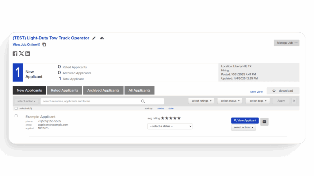 Towing Company Recruiting Jonestown TX dashboard showing light duty tow truck operator management and driver recruitment system