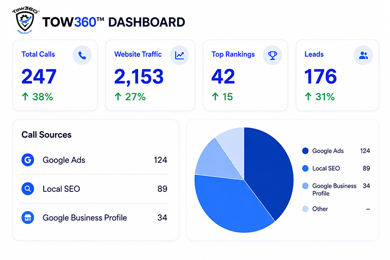 Tow marketing analytics dashboard showing calls, traffic, rankings, and leads