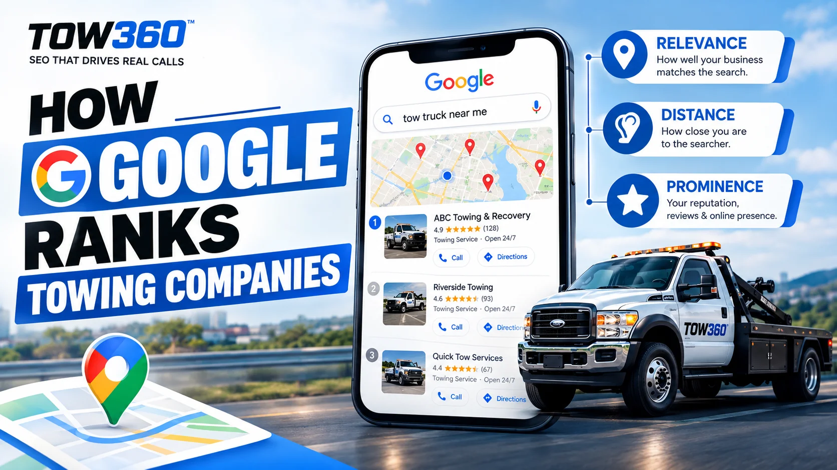 How Google ranks towing companies using relevance, distance, and prominence