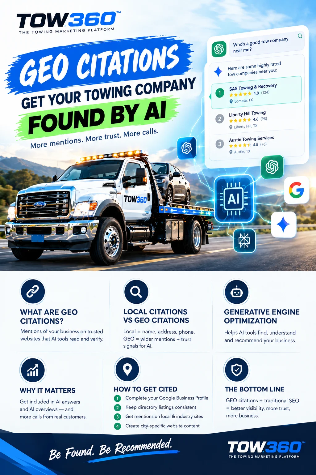 GEO citations for towing companies showing how online mentions improve AI search visibility
